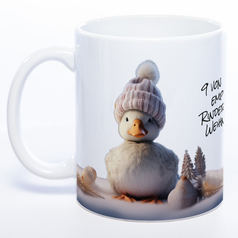 süße Kaffeetasse zum Wichteln, zu Nikolaus oder zu Weihnachten. mit süßem Gänsemotiv und Spruch: 9 von 10 Gänse empfehlenRindersteak zu Weihnachten. In der Farbe weiß
