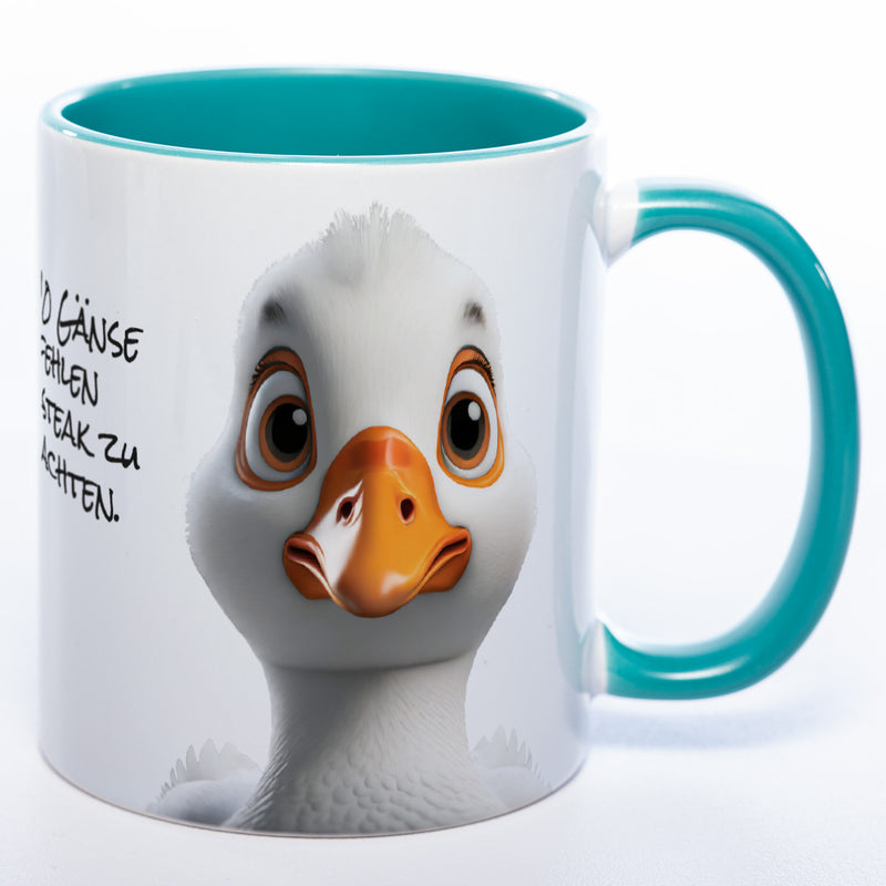 lustige Kaffeetasse mit Gänsekopf und Spruch 9 von 10 Gänse empfehlen Steak zu Weihnachten - petrol