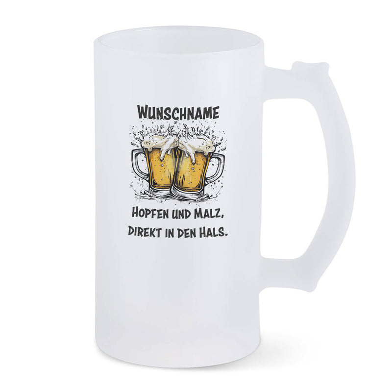 Bierkrug aus satiniertem Glas Hopfen und Malz, direkt in den Hals. Mit Namen