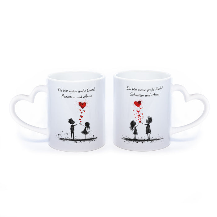 Motiv-Tasse mit Liebespaaren "Du bist meine große Liebe" und 2 Namen spülmaschinenfest