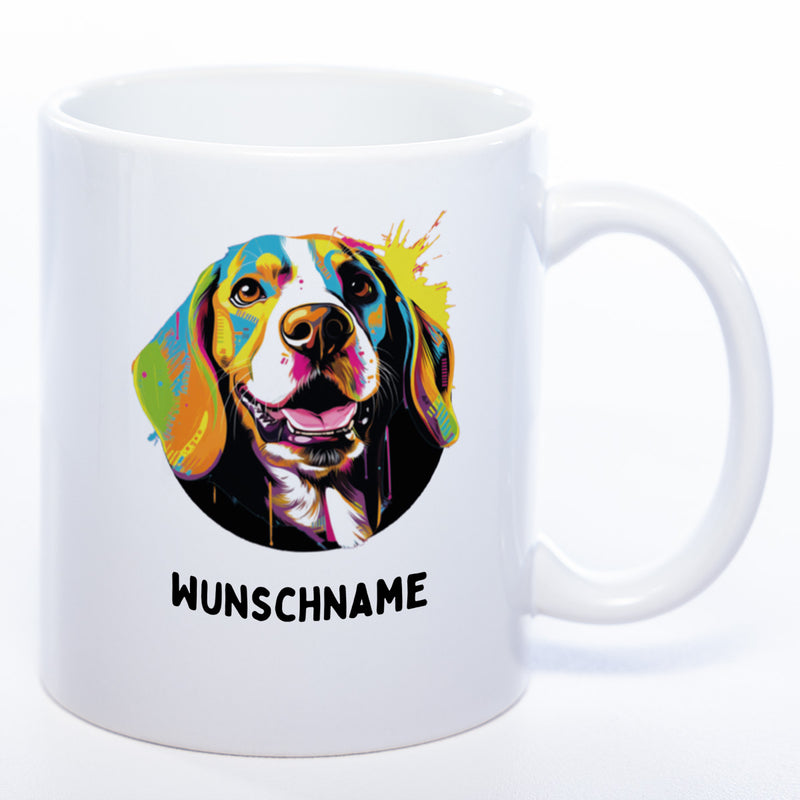 Hundetasse Beagle 3 mit Wunschname in weiß