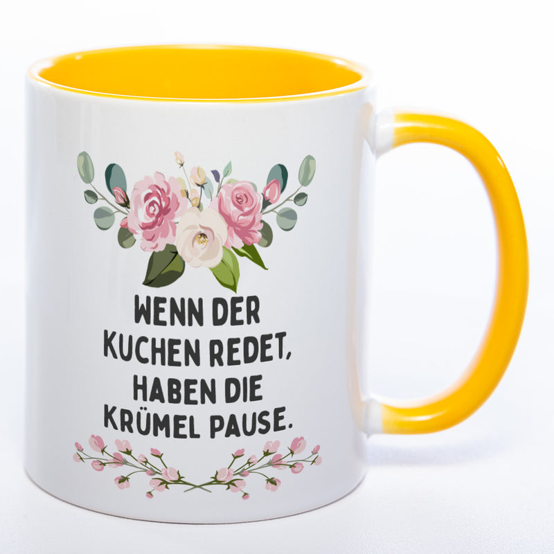 Blümchen-Tasse mit Spruch "Wenn der Kuchen redet, haben die Krümel Pause" - Lustige Kaffeetasse spülmaschinenfest