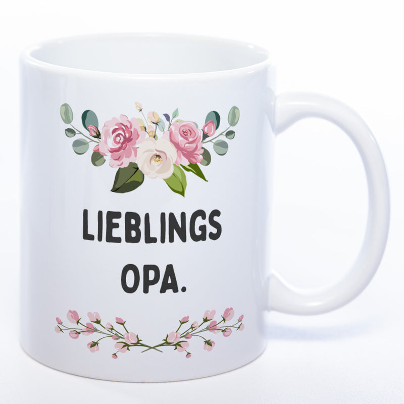 Blümchen-Tasse mit Spruch "Lieblings Opa." - Kaffeetasse für den allerliebsten Opa - spülmaschinenfest