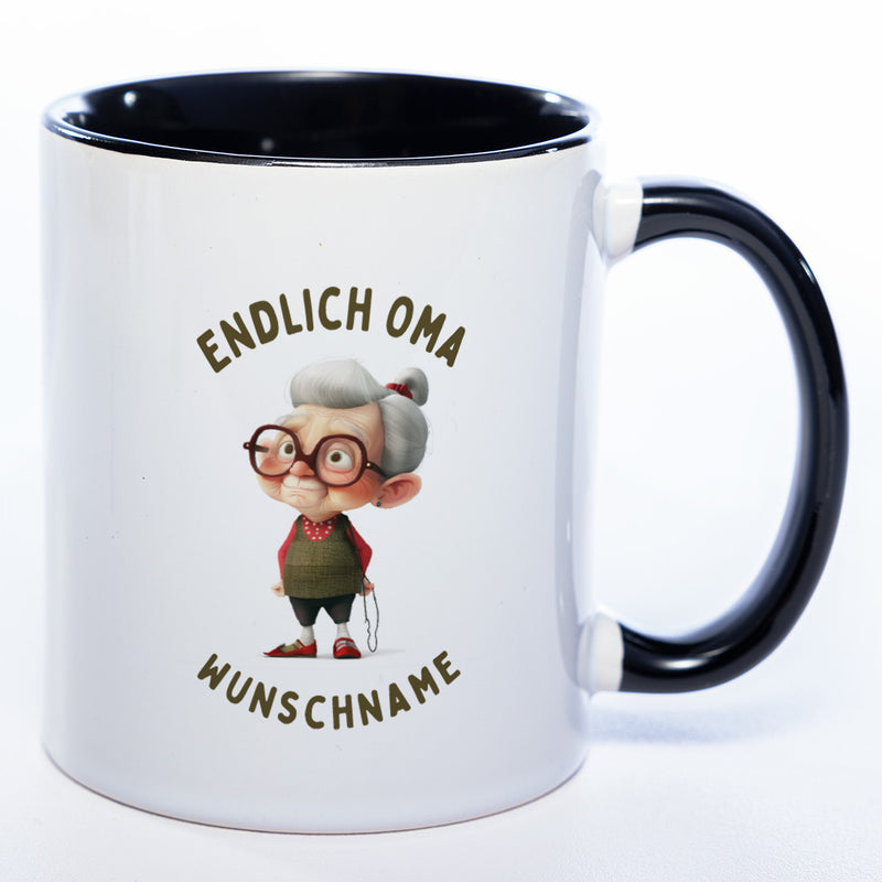 "Endlich Oma"-Tasse mit Wunschnamen - spülmaschinenfest