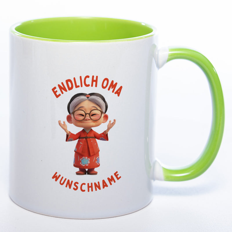"Endlich Oma"-Tasse mit Wunschnamen - weitere Motive - spülmaschinenfest