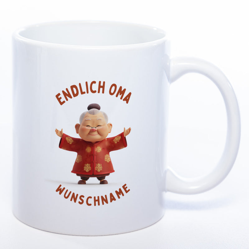 "Endlich Oma"-Tasse mit Wunschnamen - weitere Motive - spülmaschinenfest