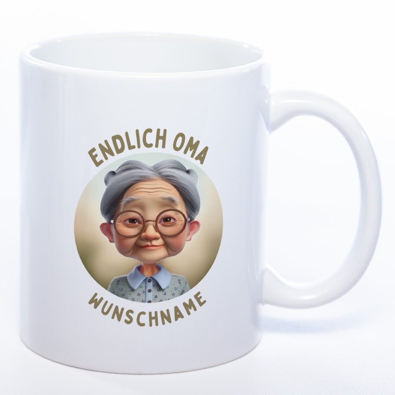 "Endlich Oma"-Tasse mit Wunschnamen - weitere Motive - spülmaschinenfest