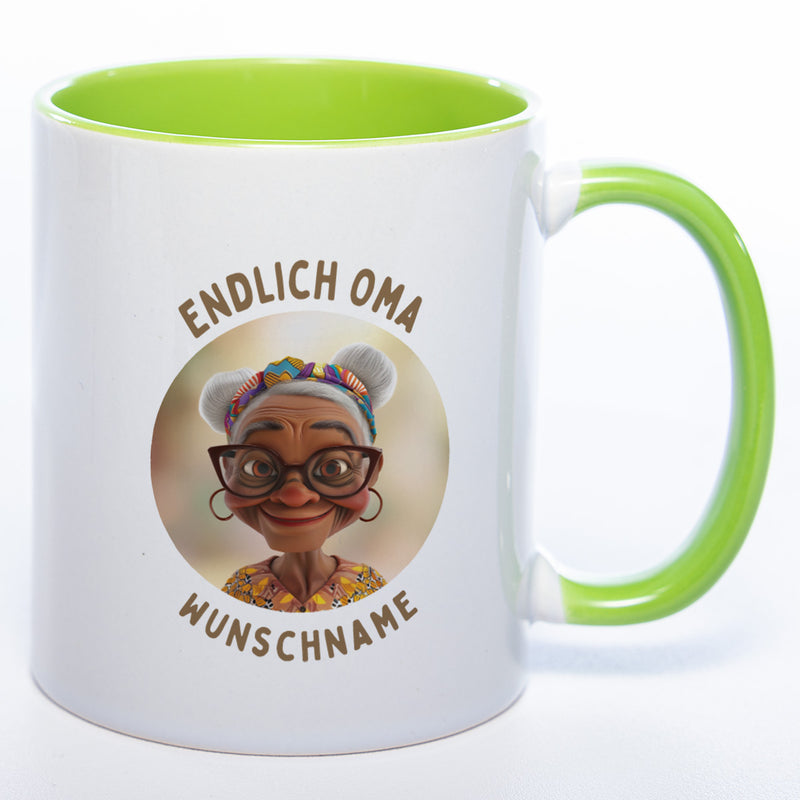 "Endlich Oma"-Tasse mit Wunschnamen - weitere Motive - spülmaschinenfest