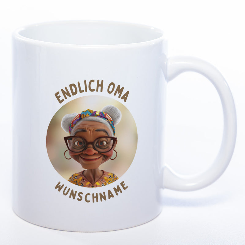 "Endlich Oma"-Tasse mit Wunschnamen - weitere Motive - spülmaschinenfest