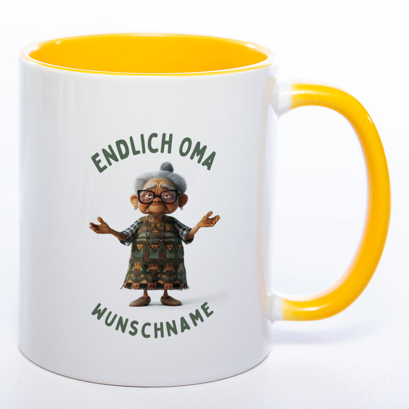 "Endlich Oma"-Tasse mit Wunschnamen - weitere Motive - spülmaschinenfest