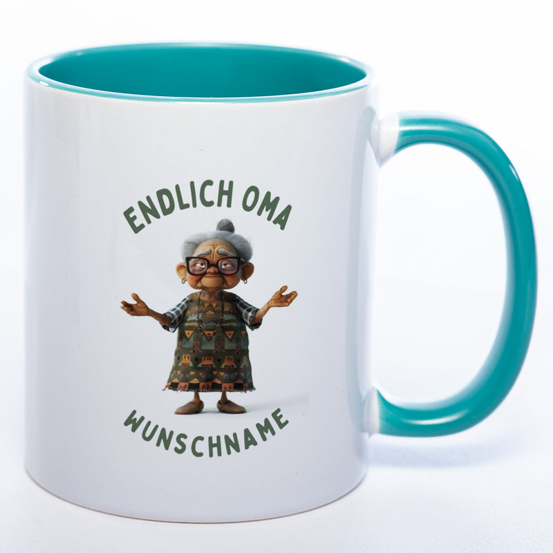 "Endlich Oma"-Tasse mit Wunschnamen - weitere Motive - spülmaschinenfest
