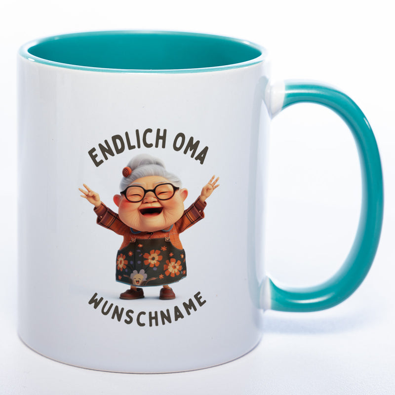 "Endlich Oma"-Tasse mit Wunschnamen - weitere Motive - spülmaschinenfest