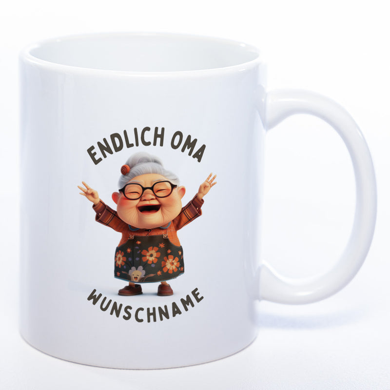 "Endlich Oma"-Tasse mit Wunschnamen - weitere Motive - spülmaschinenfest