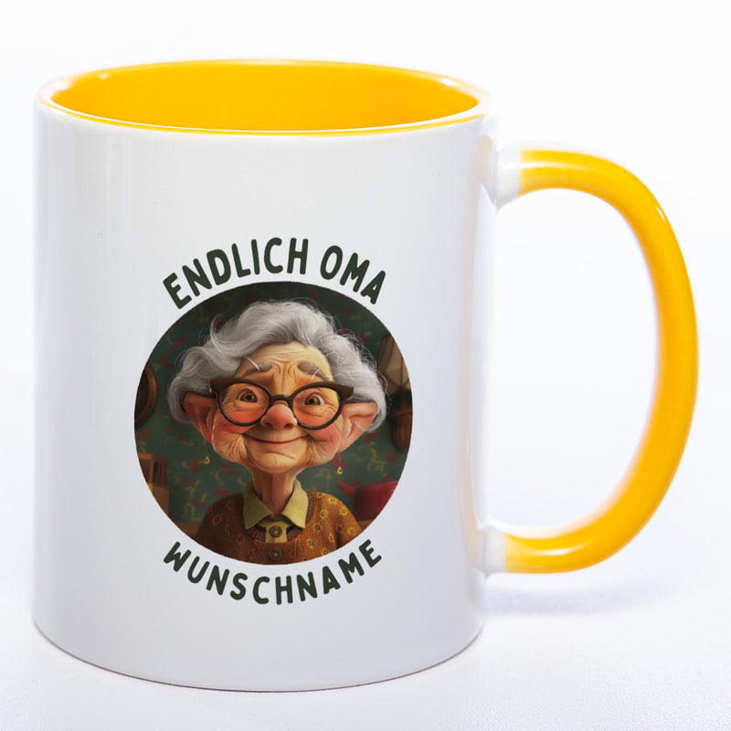"Endlich Oma"-Tasse mit Wunschnamen - spülmaschinenfest