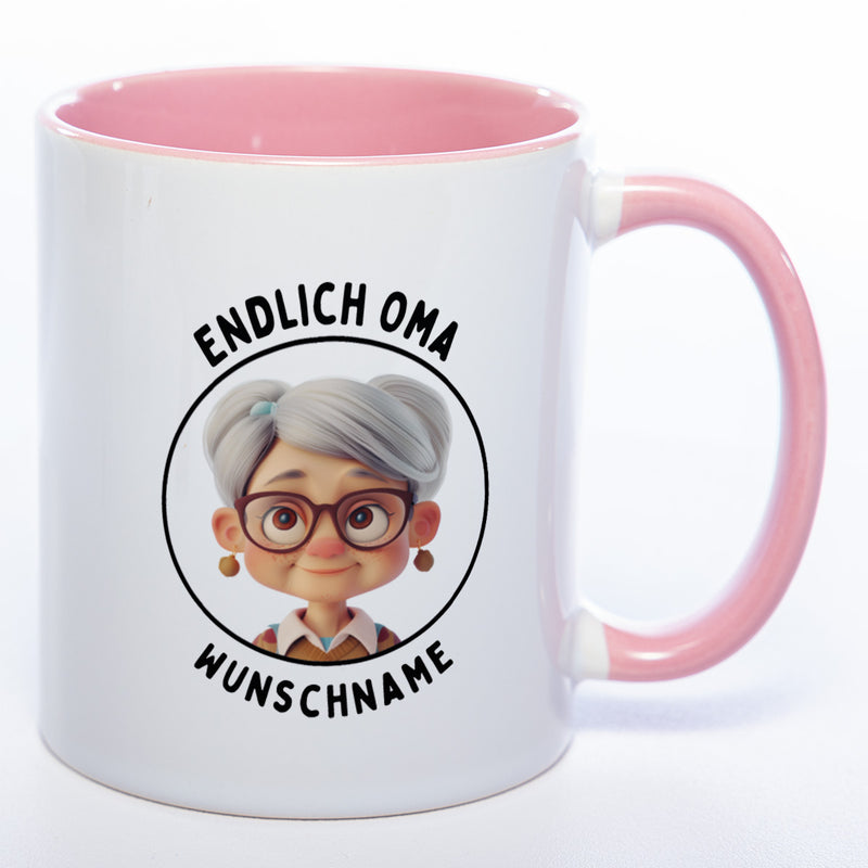 "Endlich Oma"-Tasse mit Wunschnamen - spülmaschinenfest