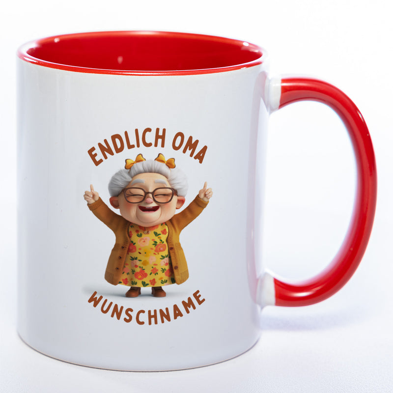 "Endlich Oma"-Tasse mit Wunschnamen - spülmaschinenfest