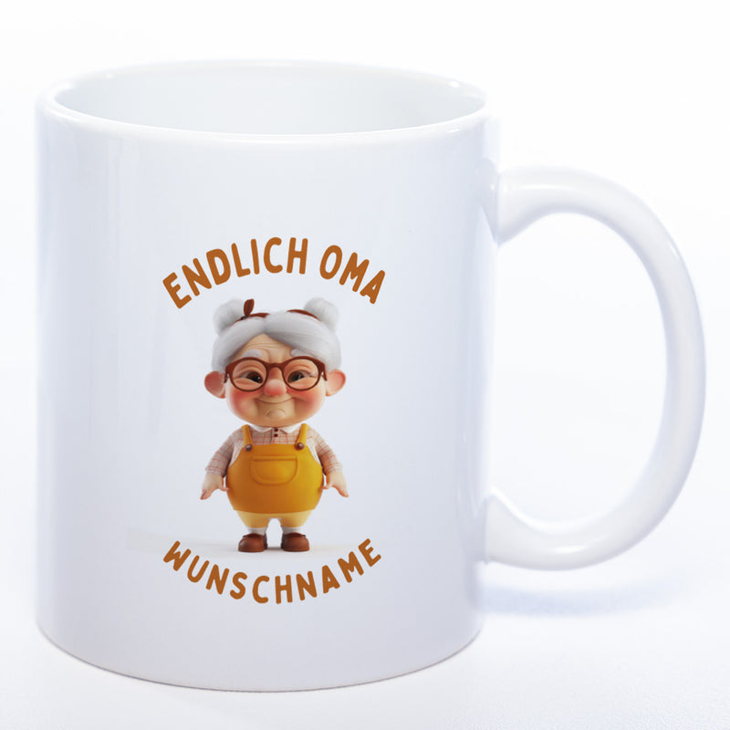 "Endlich Oma"-Tasse mit Wunschnamen - spülmaschinenfest