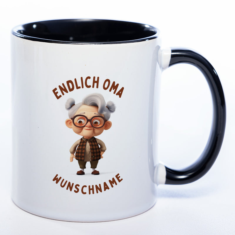 "Endlich Oma"-Tasse mit Wunschnamen - spülmaschinenfest