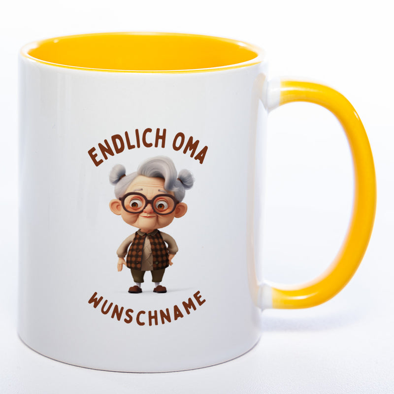 "Endlich Oma"-Tasse mit Wunschnamen - spülmaschinenfest