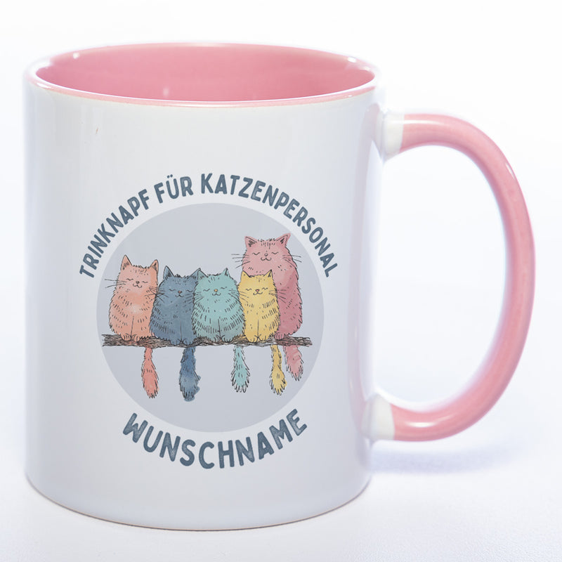 Trinknapf für Katzenpersonal - süße Pastellvariante mit Wunschnamen - spülmaschinenfeste Motiv-Tasse  - in vielen Farben