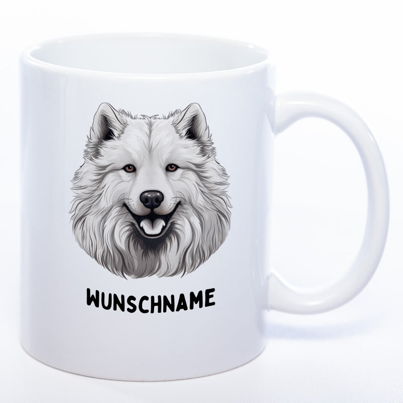 Hundetasse Samoyede 1 mit Wunschname in weiß