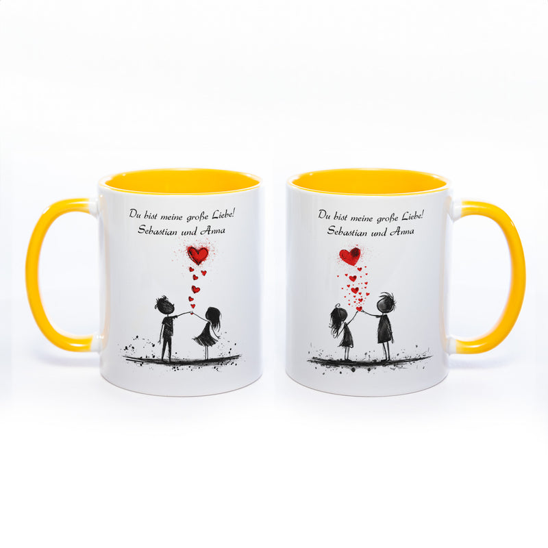 Motiv-Tasse mit Liebespaaren "Du bist meine große Liebe" und  2  Namen spülmaschinenfest