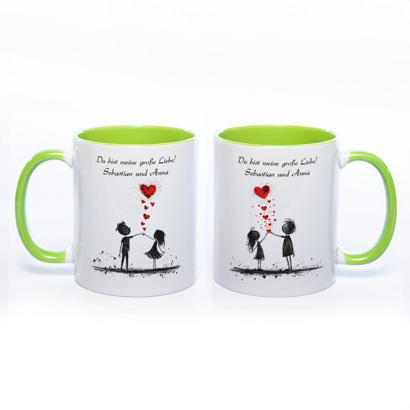 Motiv-Tasse mit Liebespaaren "Du bist meine große Liebe" und  2  Namen spülmaschinenfest