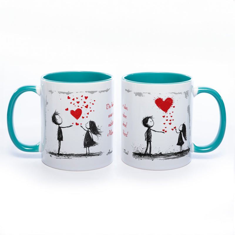 Motiv - Tasse mit Liebespaaren, Spruch  und 2 Wunschnamen spülmaschinenfest