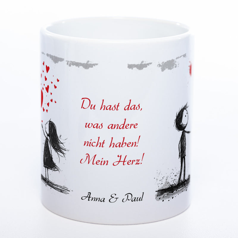 Motiv - Tasse mit Liebespaaren, Spruch  und 2 Wunschnamen spülmaschinenfest