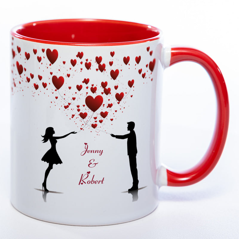 Motiv - Tasse mit Liebespaar, Herzen und 2 Wunschnamen spülmaschinenfest