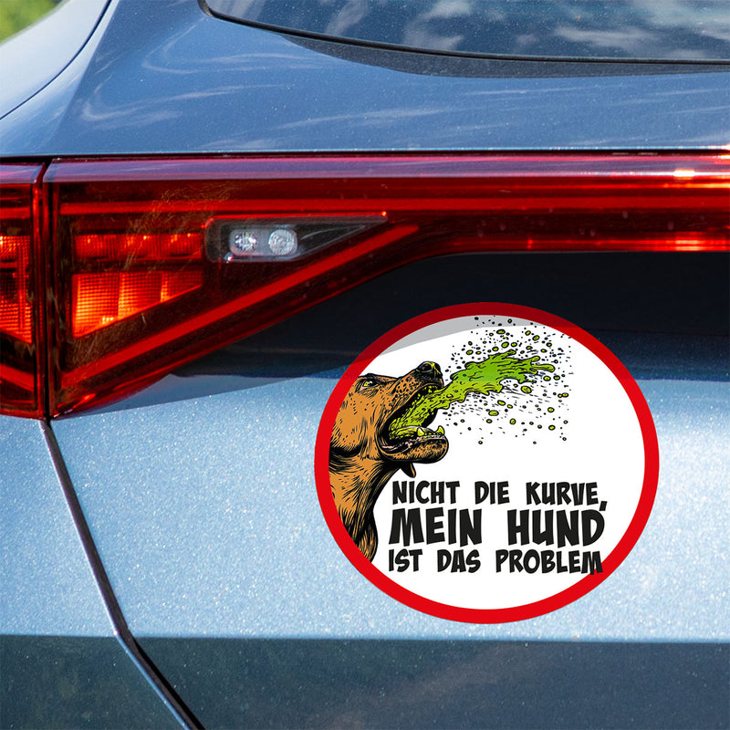 20x20 cm Humor-Hundesticker mit einem gezeichneten kotzenden Hund und lustigem Spruch