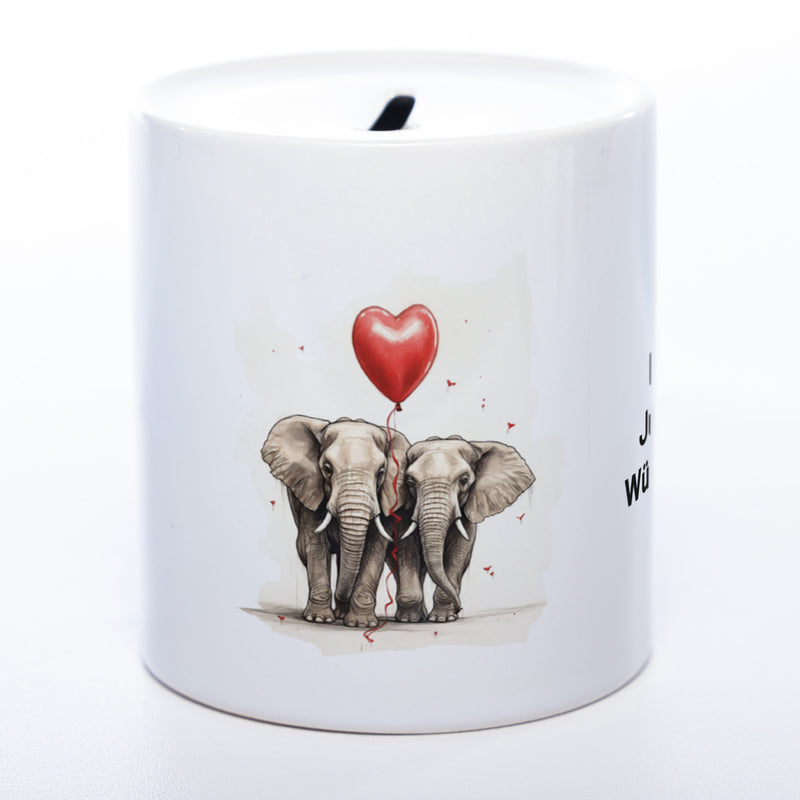 Hochwertige Spardose aus Keramik mit süßem Elefanten-Paar und Wunschtext | Geschenkidee