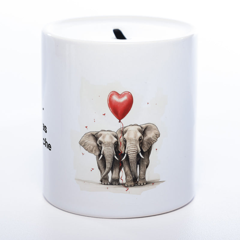 Hochwertige Spardose aus Keramik mit süßem Elefanten-Paar und Wunschtext | Geschenkidee