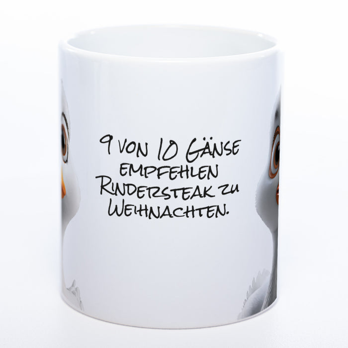 lustige Kaffeetasse mit Gänsekopf und Spruch 9 von 10 Gänse empfehlen Steak zu Weihnachten - weiß