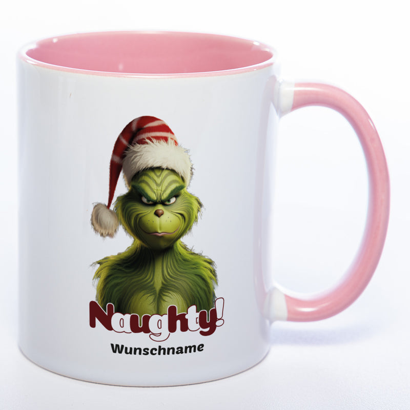 Zum Wichteln oder zu Nikolaus: Kaffeetasse Grinch mit Bild und Text: Naughty! mit Wunschname in der Farbe pink