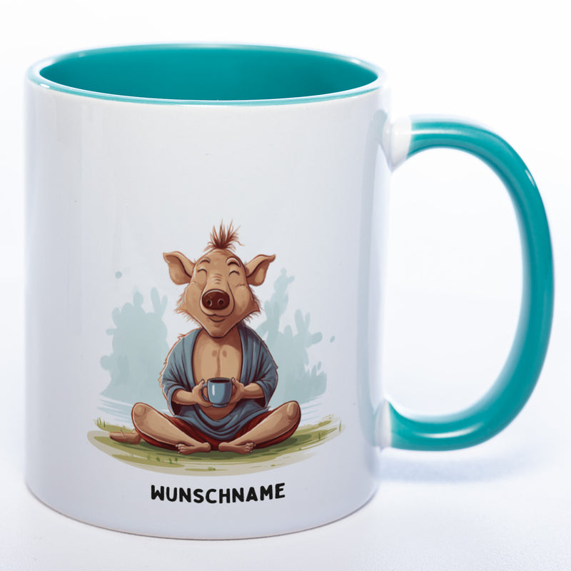 Motiv-Tasse  Yogaschwein  2 mit Wunschnamen - Teetasse StickyWorld Exclusive spülmaschinenfest