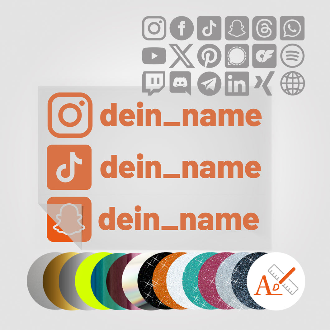 Dreifacher Social Media Sticker mit Deinem Namen in Sonderfarben GLITZER, REFLEKTOR, HOLO,  GOLD, SILBER, NEON, FARBWECHSEL, MILCHGLAS