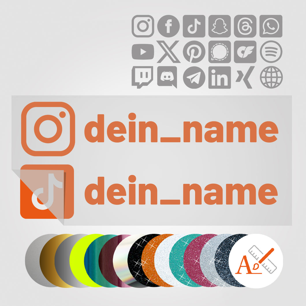 Doppelter Social Media Sticker mit Deinem Namen in Sonderfarben GLITZER, REFLEKTOR,  HOLO, GOLD, SILBER, NEON, FARBWECHSEL, MILCHGLAS