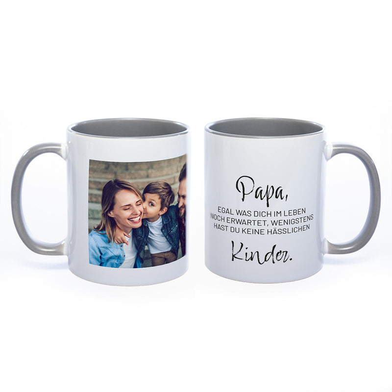 Tasse Innen und Henkel grau Ansicht links Foto rechts Text "papa...."