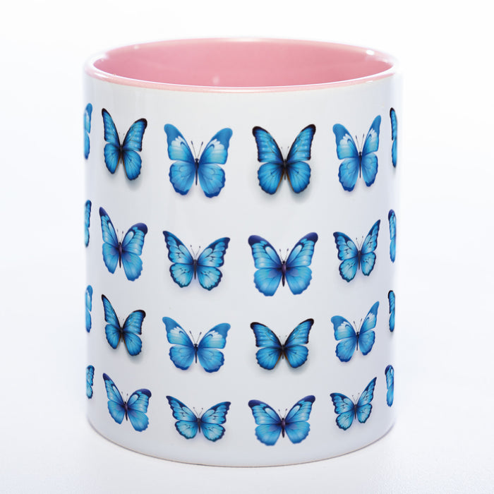 Spülmaschinenfeste Tasse mit vielen blauen Schmetterlingen - Kaffeetasse