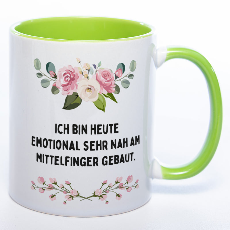 Blümchen-Tasse mit Spruch "Ich bin heute emotional sehr nah am Mittelfinger gebaut" - Lustige Kaffeetasse spülmaschinenfest