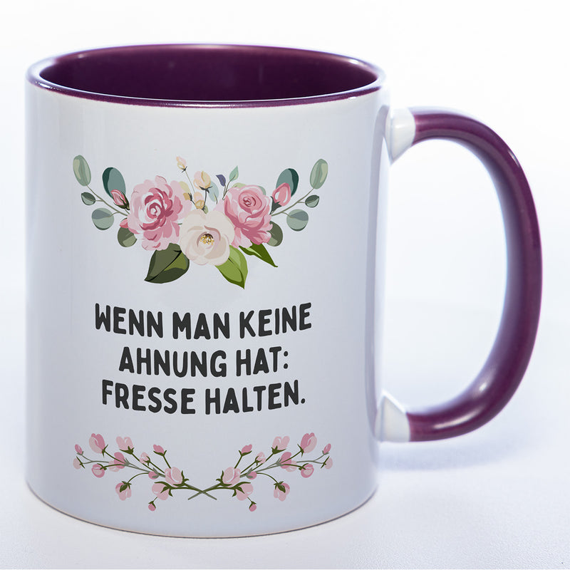 Blümchen-Tasse mit Spruch "Wenn man keine Ahnung hat: Fresse halten" - Lustige Kaffeetasse spülmaschinenfest
