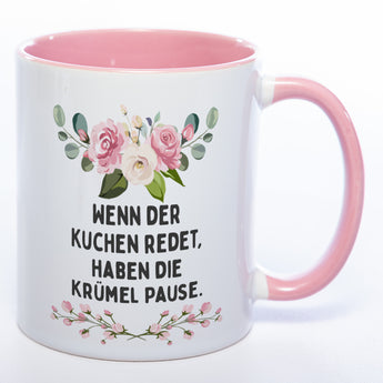 Blümchen-Tasse mit Spruch "Wenn der Kuchen redet, haben die Krümel Pause" - Lustige Kaffeetasse spülmaschinenfest