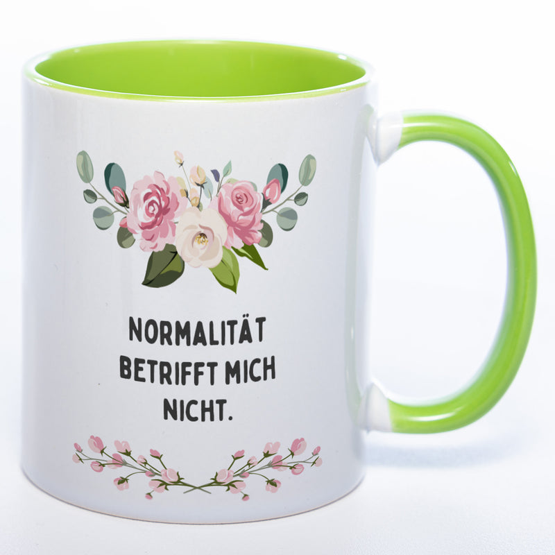 Blümchen-Tasse mit Spruch "Normalität betrifft mich nicht." - Lustige Kaffeetasse spülmaschinenfest