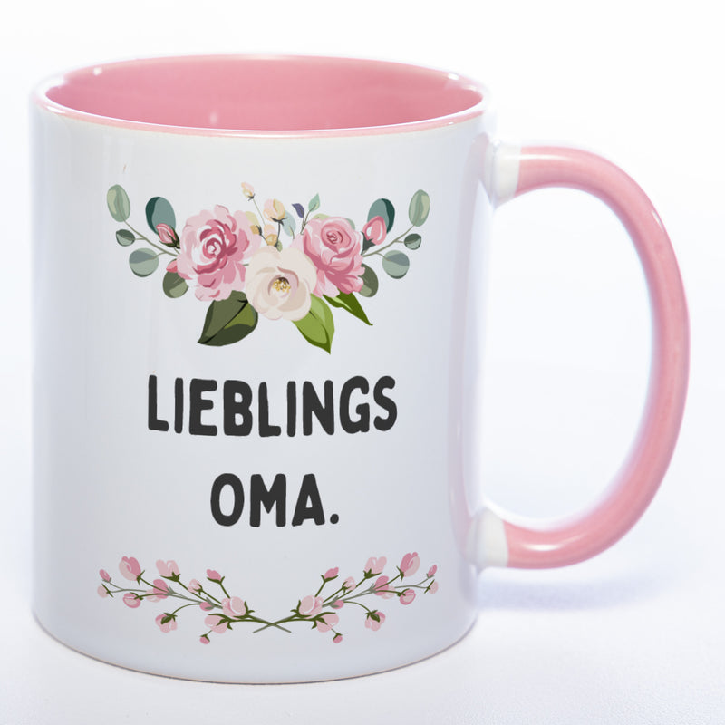 Blümchen-Tasse mit Spruch "Lieblings Oma." -  Kaffeetasse für die allerliebste Oma - spülmaschinenfest