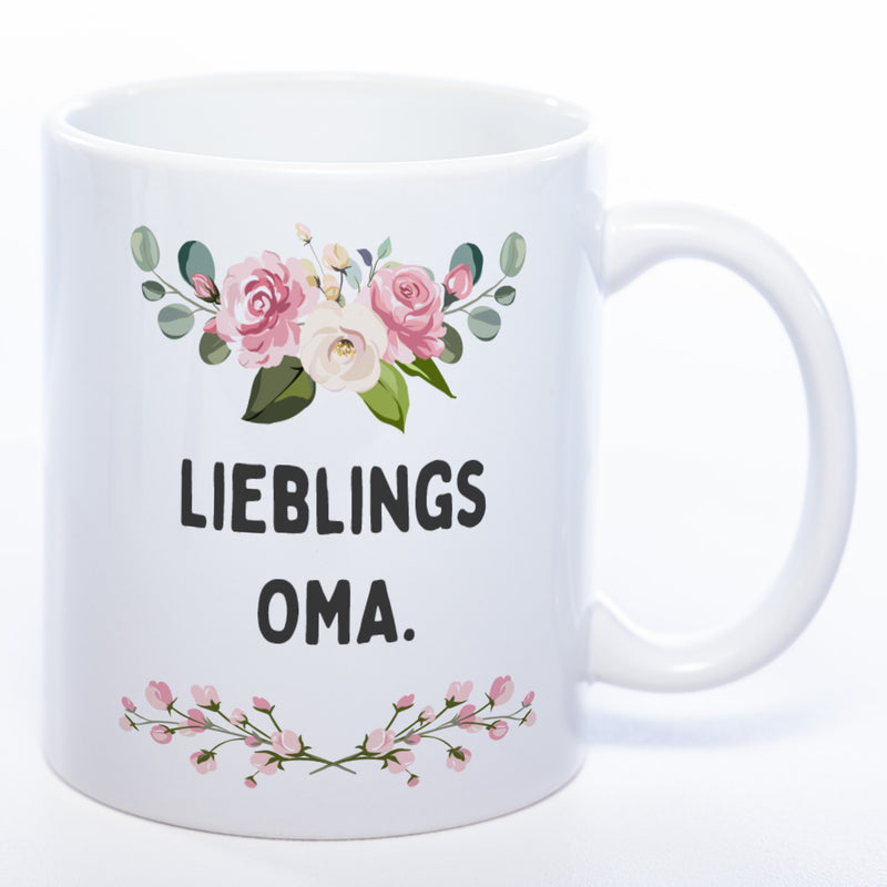 Blümchen-Tasse mit Spruch "Lieblings Oma." -  Kaffeetasse für die allerliebste Oma - spülmaschinenfest