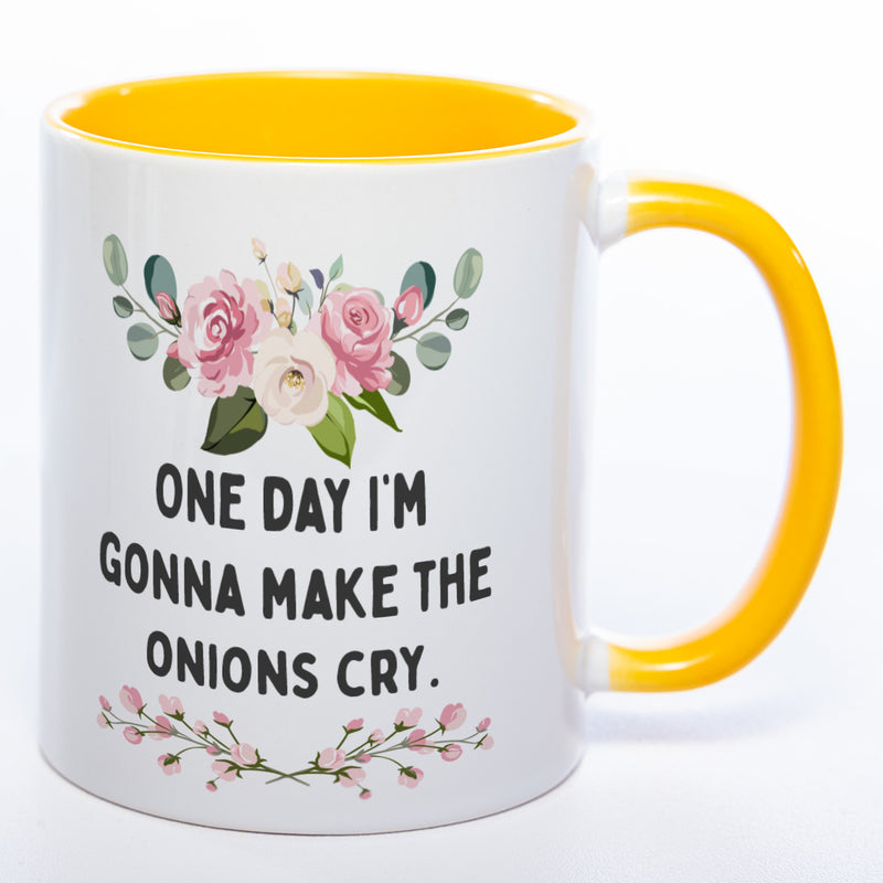 Blümchen-Tasse mit Spruch "One day I'm gonna make the onions cry." - Lustige Kaffeetasse spülmaschinenfest