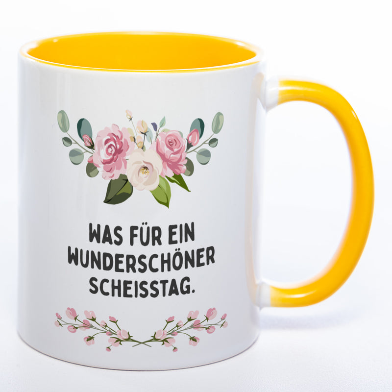 Blümchen-Tasse mit Spruch "Was für ein wunderschöner Scheisstag" - Lustige Kaffeetasse spülmaschinenfest