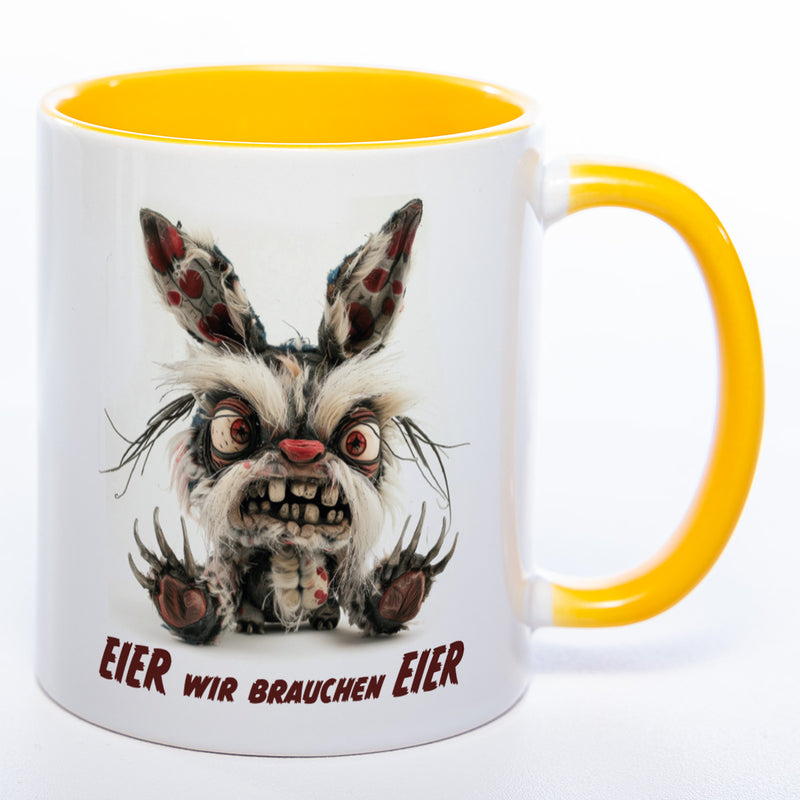 Motiv - Tasse mit wütendem Hasen und Spruch: "Eier wir brauchen Eier."  spülmaschinenfest