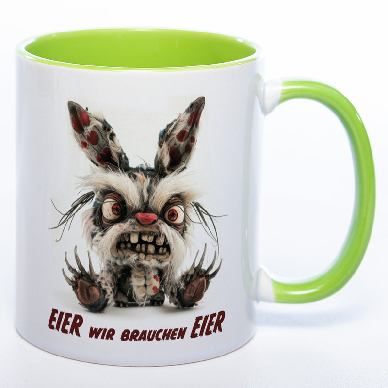 Motiv - Tasse mit wütendem Hasen und Spruch: "Eier wir brauchen Eier."  spülmaschinenfest